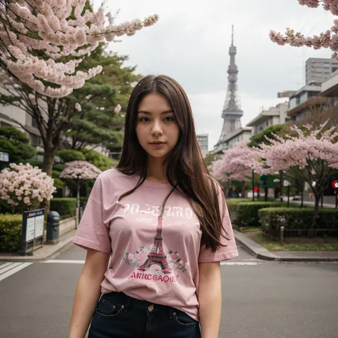 Girl wearing t-shirt Plain Fuschia color with Tokyo tower and cherry blossoms in the background