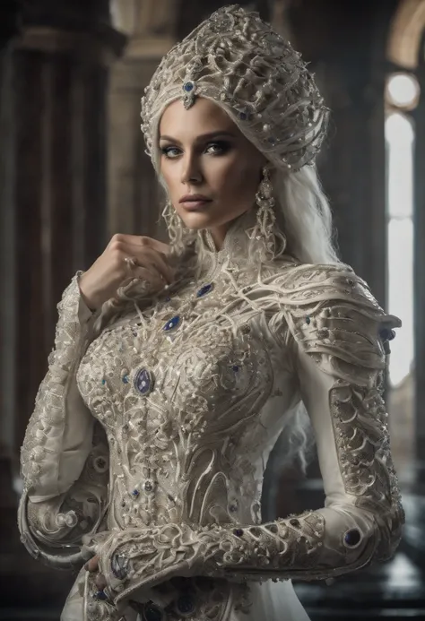 Create a 3D artwork of Maria Brink in a white dress adorned with (((intricately detailed rubies and sapphires))). The artwork should embody the (((highest quality))), emphasizing (((extreme detail))) and a (((complex composition))). Incorporate a color pal...