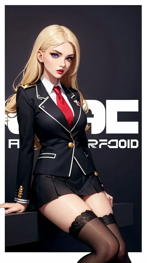 poster for、Fashion magazine cover、(Simple Logo、Excellent design)、super model、(professional photograpy)、hi-school girl、blonde  hair、blue eyess、red-lips、Model Makeup、Stylish fashion、(Sexy Uniforms)、black blazer school jacket、(Black tight mini skirt)、low angl...