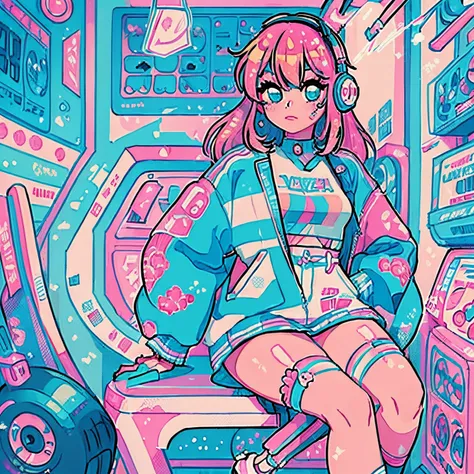 Gyaru Japanese girl, neon pastel aesthetic, wearing headphones, modern streetwear fashionable clothes, chunky colorful sneakers, sitting down on a chair in a cozy room, record discs hanging on her wall, retro furniture, comic books on the floor, anime figu...