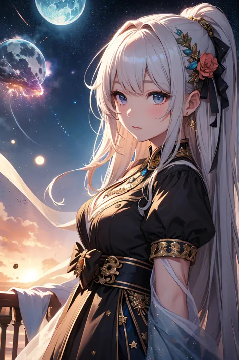 ​masterpiece、High Detailed Girls（（独奏、a beauty girl、doress、Highly detailed hair ornament、Hair is tied up））、Background with((Fantastic starry sky、meteors、black hole))、plants、Luminescent