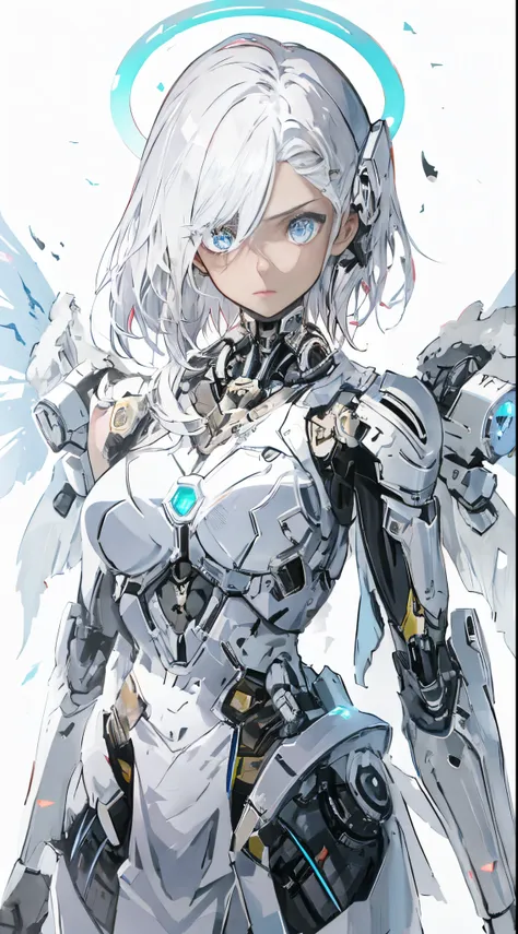 masterpiece, best quality ,1 girl, female focus , mature female, dark skin  ,white hair , blue eyes , glowing eyes , cyborg body...