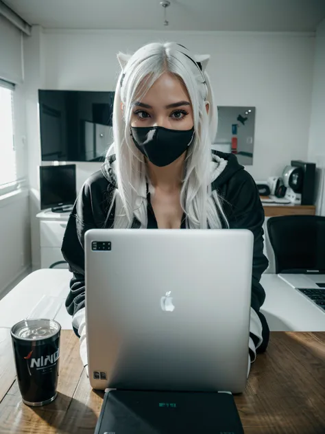 cyber girl, white hair, face mask, black hoodie, laptop, computer table, bedroom, masterpiece, 8k, super detail, ccurate, best quality