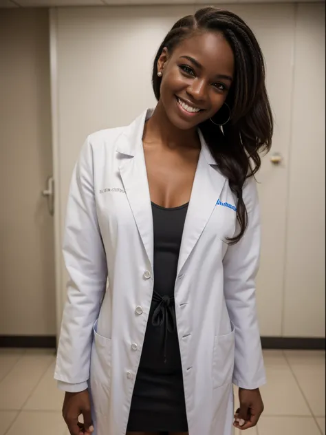 (Best quality,8k,ultra high res:1.2),(American woman, black skin),(Looking at viewer),(smile),(tied up hair),(White doctor coat),(Dress underneath),(at hospital),(Sfw)