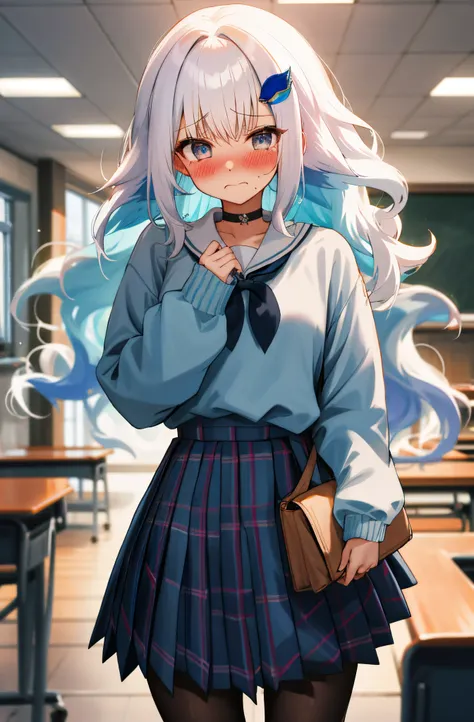 One girl with long wavy hair, white hair, blue inner hair, looking at viewer, embarrassed, blushing, tears, indoor , classroom, oversized sweater, long sleeves, pleated skirt , plaid mini skirt, mini skirt, slim, dizzy, choker, mid-chest, wide hips, perfec...