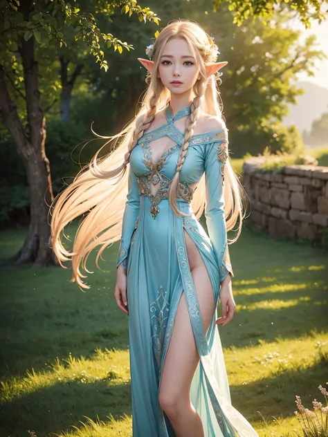 Graceful elven girl standing in meadow, Delicate face illuminated by the soft light of the setting sun. Her long, Flowing hair runs down your back, Decorated with intricate braids、Adorned with sparkling gemstones. This great photo is、、、It captures the ethe...