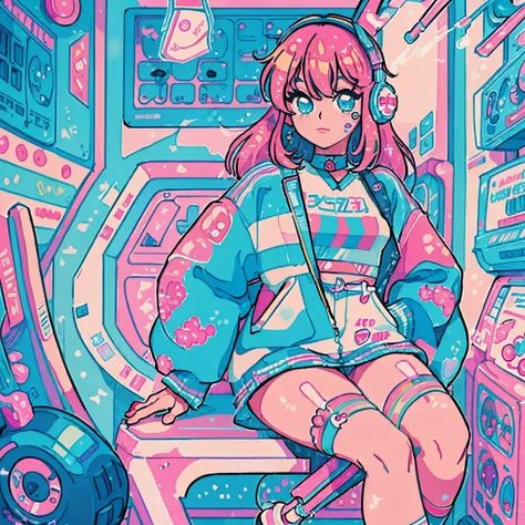 a close up of a person sitting on a chair in a room, 8 0 s anime vibe, lofi girl, anime vibes, in the art style of 8 0 s anime, 8 0 s anime art style, 8 0 s anime style, cyberpunk art style, lofi artstyle, digital cyberpunk - anime art, [ synthwave art sty...