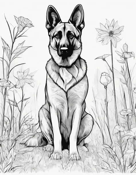 German shepherd puppy in a field, for coloring book page, high quality