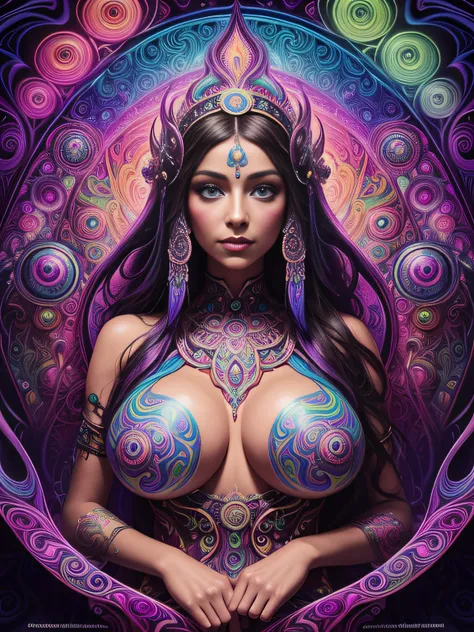 a woman with a large breast in a psychedelic painting, psychedelic goddess, dmt art, dmt goddess, visionary art style, psychedelic art style, 3 d goddess portrait, psychedelic art nouveau, psytrance artwork, psychedelic digital art, digital visionary art, ...