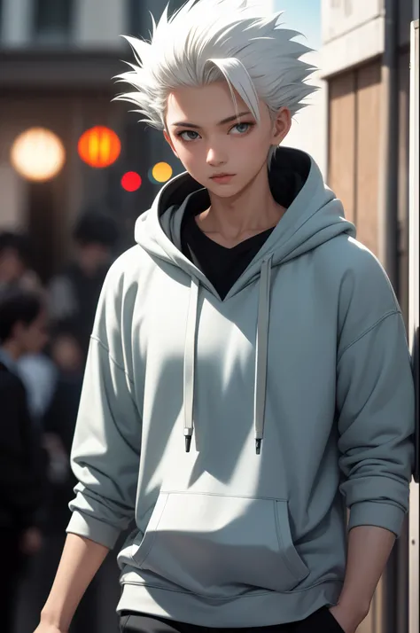 masterpiece, best quality, high quality, 1boy, solo, male focus, looking at viewer, upper body, hitsugaya_toushirou, wearing Streetwear Hoodie, dinamic lighting, blurry background