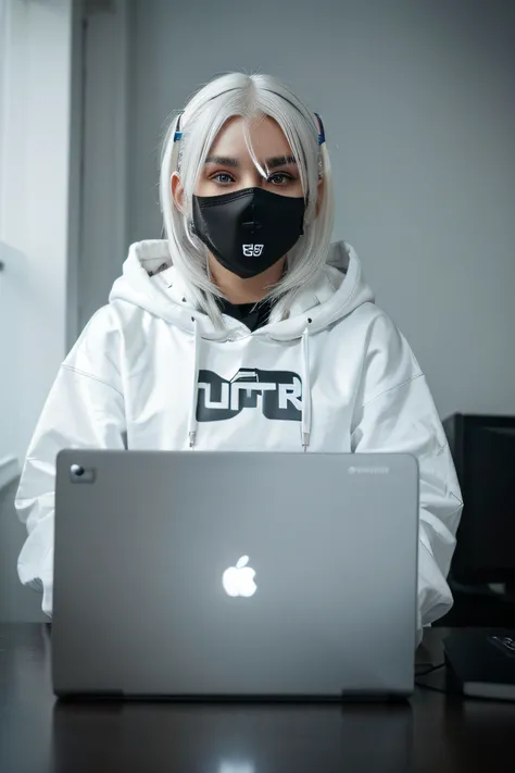 cyber girl, white hair, face mask, black hoodie, laptop, computer table, dark bedroom, masterpiece, 8k, super detail, ccurate, best quality