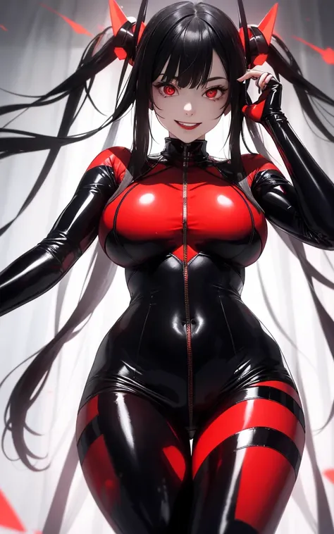 realisticlying、22-year-old girl, glowing eyes, Face Real, Close-up look up from below, huge breast, Wearing a sheer tight-fitting black and red latex dress, Emphasis on the thighs, sexy Face, feet out of frame, smiling, dominating, staring at viewer