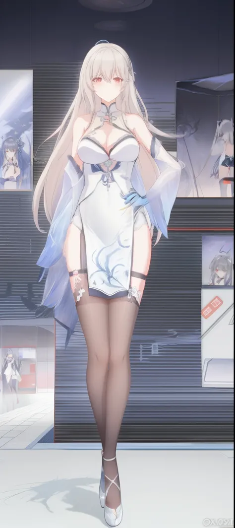 Anime style woman wearing red dress and black stockings standing on red carpet, azur lane style, Translucent fluid flowing from the《Azure route》videogame, 《Azure route》The character, full body xianxia, pixiv 3dcg, gas station trends, Detailed pubic hair. G...