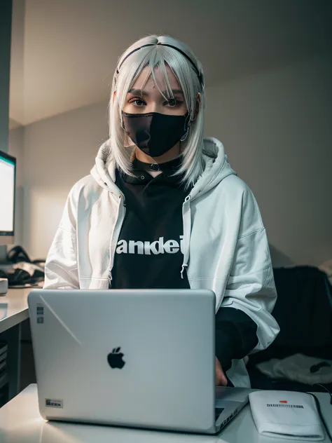 cyber girl, white hair, face mask, black hoodie, laptop, computer table, dimly lit, bedroom, masterpiece, 8k, super detail, ccurate, best quality