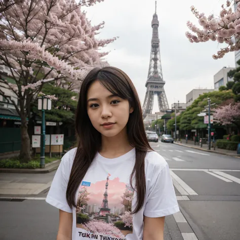 Girl wearing t-shirt with Tokyo tower and cherry blossoms in the background