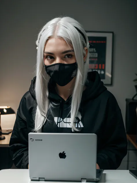 cyber girl, white hair, face mask, black hoodie, laptop, computer table, dimly lit, bedroom, masterpiece, 8k, super detail, ccurate, best quality