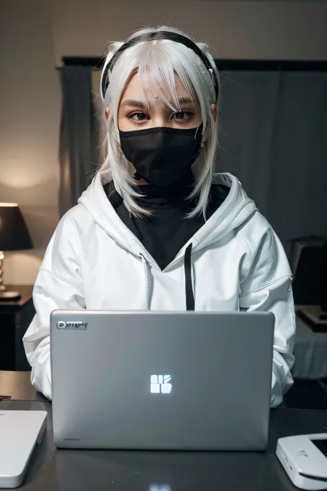 cyber girl, white hair, face mask, black hoodie, laptop, computer table, dimly lit bedroom, masterpiece, 8k, super detail, accurate, best quality