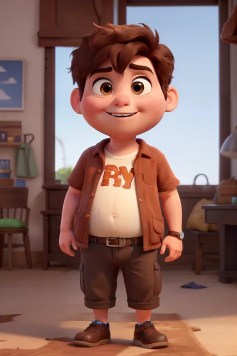 make a 3D pixar style post of a fat teenager with short brown hair,brown eyes with the title daniel