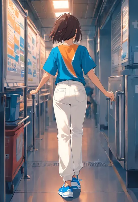 Girl&#39;s back view, full body top view, blue T-shirt, light white long pants, blue sneakers