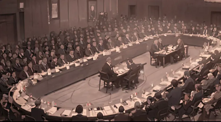 arafed view of a large conference room with a large table and a large audience, un meeting at the hague, historical image, government archive photograph, highlight, historical picture, court session images, historical photo, historical photograph, 4 0 year...