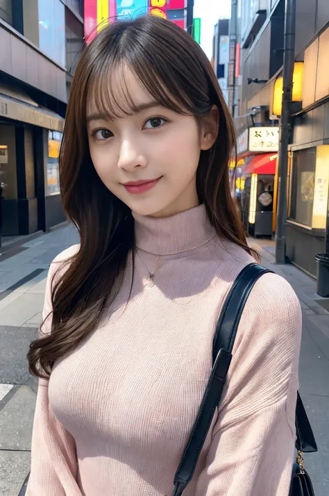 (Colossal tits、pink turtleneck knit、Shoulder bag)、(top-quality,​masterpiece:1.3,超A high resolution,),(ultra-detailliert,Caustics),(Photorealsitic:1.4,RAW shooting,)Ultra-realistic capture,A highly detailed,high-definition16Kfor human skin、 Skin texture is ...