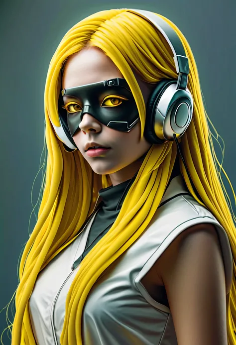 girl with long yellow hair, yellow eyes, futuristic vibes, mask on mouth, headphones, 8k, high quality, simple background, glowing eyes, nice pose