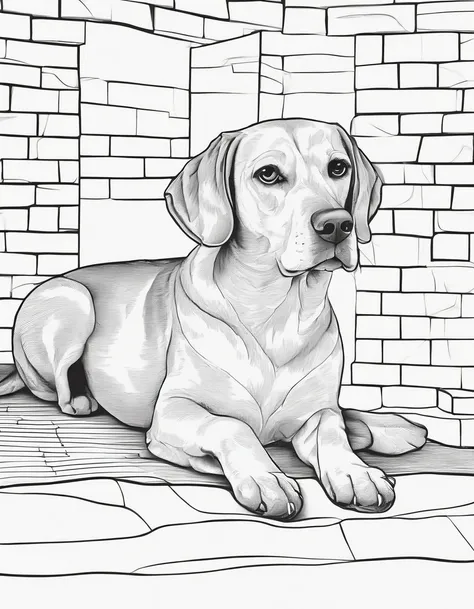 Beagle laying down on the floor, background is a brick wall, high quality, for coloring book, black and white