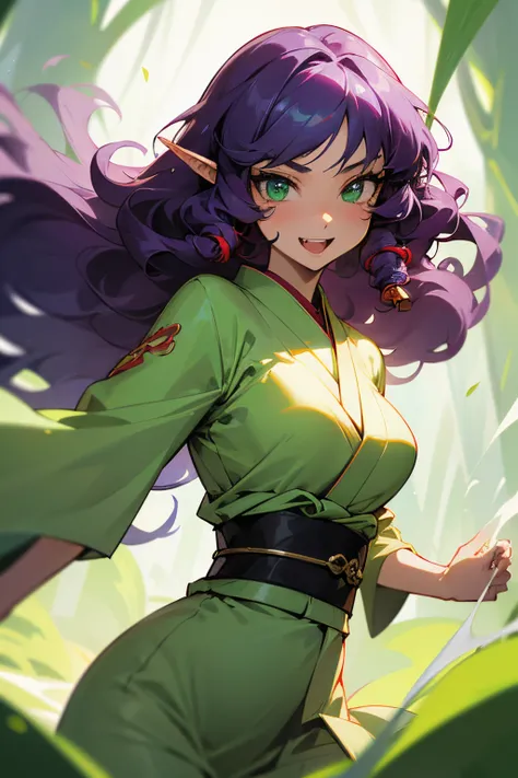 curly, curly hair, long curly hair, long hair, elf ears, fangs, master masterpiece, Superb Painting, illustration, 1 girl, cute, (Dynamic Light: 1.2), cinematic light, Delicate Facial Features, (pretty eyes: 1.2), (Bright Green Eyes: 1.233), shining green ...