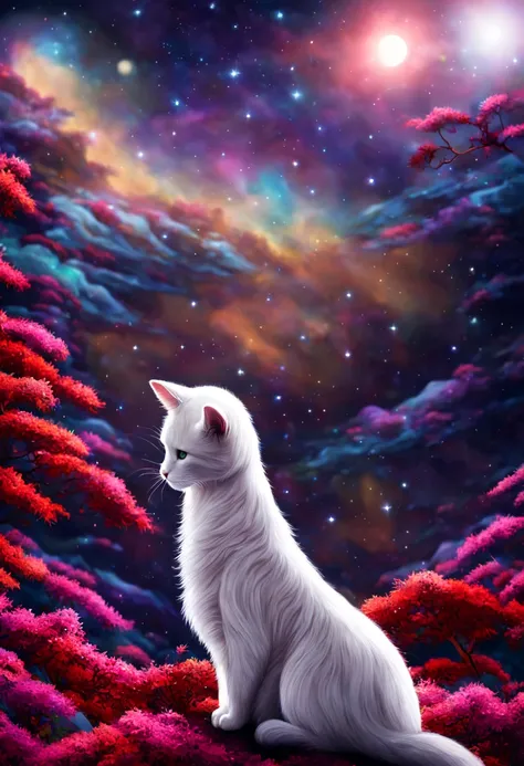 (best quality,4k,8k,highres,masterpiece:1.2), detailed white cat, red tree, Milky Way background, vivid colors, sharp focus, bokeh, concept art, illustration, ethereal lighting, surreal scenery, fantasy, whimsical, dreamlike, magical, cat watching the star...