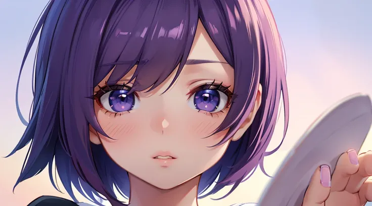 "(best quality, highres, ultra-detailed), female anime, t-shirt and mini skirt, short purple hair, detailed eyes and face, beautiful detailed lips, long eyelashes, vibrant colors, anime style, natural lighting"