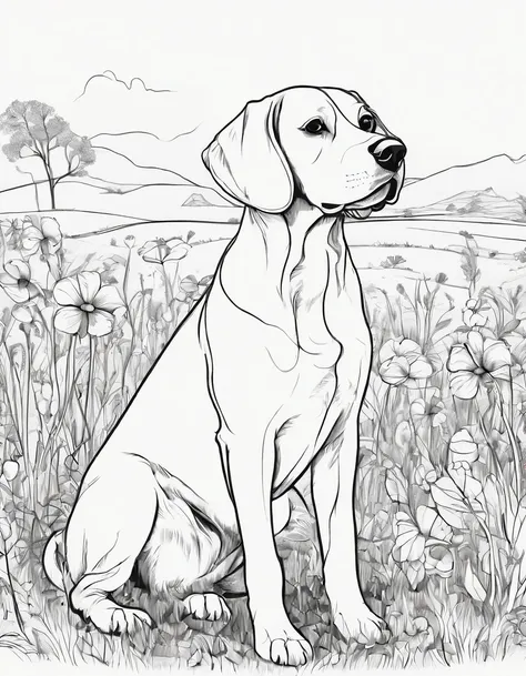 Beagle sitting in a field, for coloring page, High quality, black and white