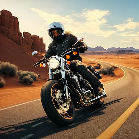 motorcycle rider on a road in the desert with a helmet on, riding a motorcycle, motorbiker, motorcycles, motorcycle, riding on the road, motorcycle concept art, harley davidson motorbike, harley davidson, picture of a male biker, riding a futuristic motorc...