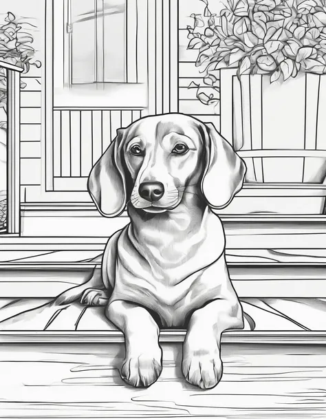 Dashshund laying on the porch, for coloring page, high quality, black and white