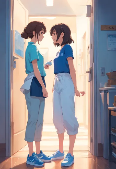 The girl is standing in a blue T-shirt, light white long pants, blue sneakers, chatting with her mother at the door. The mother is wearing a blue apron and white short sleeves.