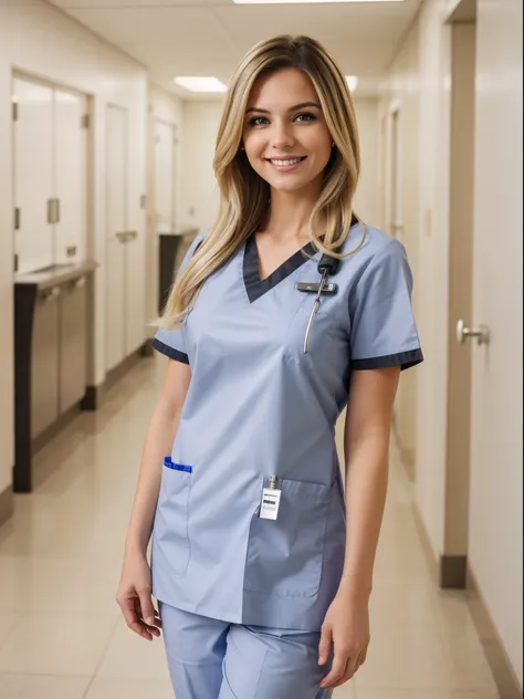 (Best quality,8k,ultra high res:1.2),(American woman),(Black-blonde hair),(Looking at viewer),(smile),(Stright hair),(White Nurse scrubs),(at hospital),(Sfw),(Full body)