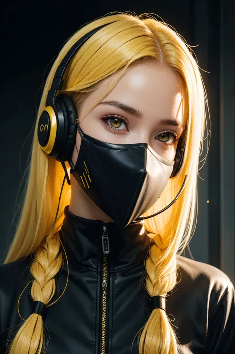 girl with long yellow hair, yellow eyes, futuristic vibes, mask on mouth, headphones, 8k, high quality, simple background, glowing eyes, nice pose