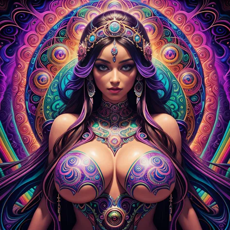 a woman with a large breast in a psychedelic painting, psychedelic goddess, dmt art, dmt goddess, visionary art style, psychedelic art style, 3 d goddess portrait, psychedelic art nouveau, psytrance artwork, psychedelic digital art, digital visionary art, ...