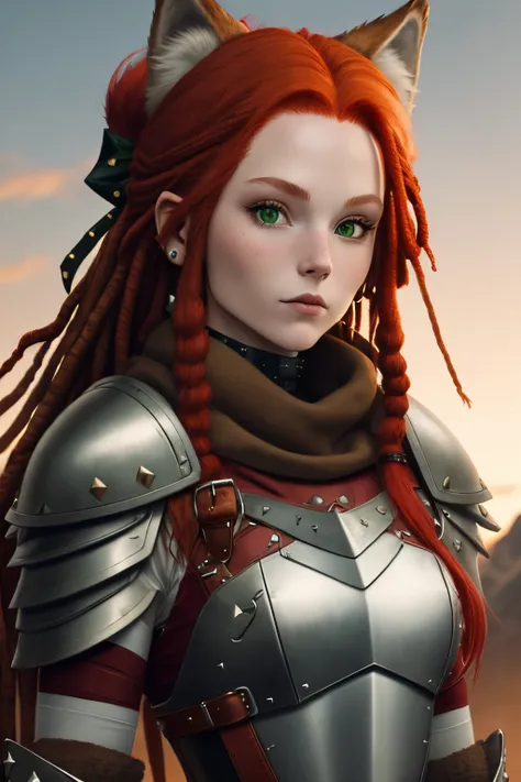 Red haired girl with dreads, wearing wolf cowl.   Green eyes and square jaw.  Studded leather armor with bow and arrow.  Large wolf companion.