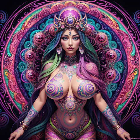 a woman with a large breast in a psychedelic painting, psychedelic goddess, dmt art, dmt goddess, visionary art style, psychedelic art style, 3 d goddess portrait, psychedelic art nouveau, psytrance artwork, psychedelic digital art, digital visionary art, ...