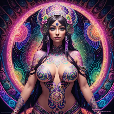 a woman with a large breast in a psychedelic painting, psychedelic goddess, dmt art, dmt goddess, visionary art style, psychedelic art style, 3 d goddess portrait, psychedelic art nouveau, psytrance artwork, psychedelic digital art, digital visionary art, ...