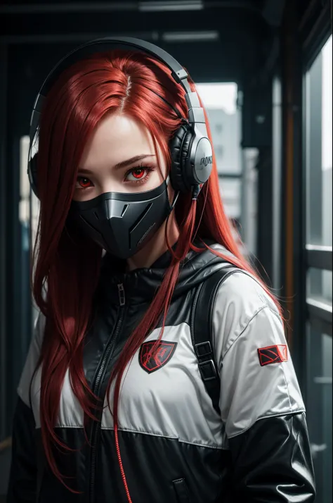 girl with long red hair, red eyes, futuristic vibes, mask on mouth, headphones, 8k, high quality, simple background, glowing eyes, nice pose