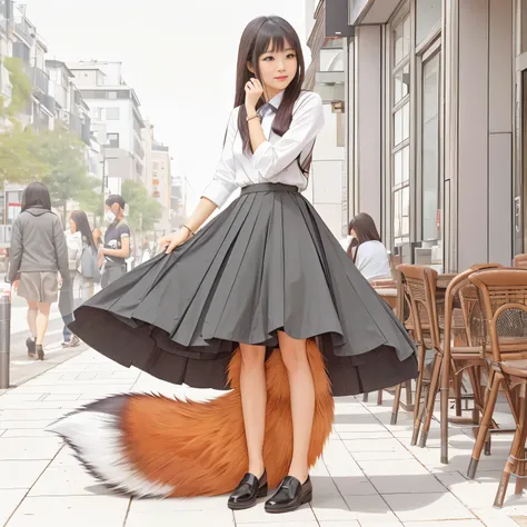 A woman standing on the street wearing a skirt and skirt, foxgirl, Fox tail, a beautiful kitsune woman, Face with squeaky face, Bushy tail, a picture, top-quality