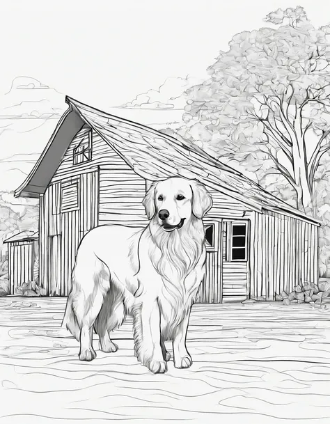 Golden Retriever next to a barn house, for coloring page, high quality, black and white, no shading