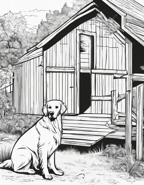 Golden Retriever next to a barn house, for coloring page, high quality, black and white, no shading