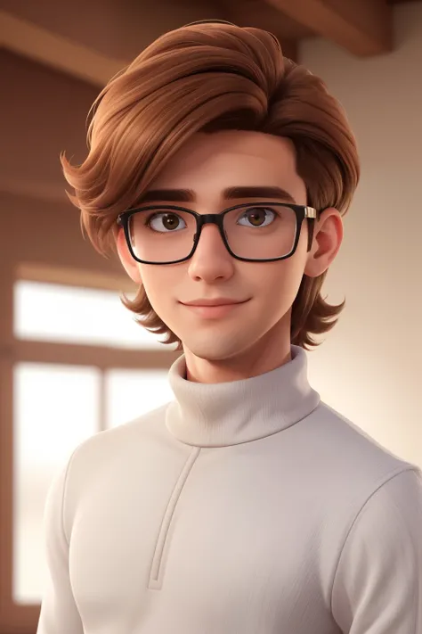 (Best Quality,4K,8K,hight resolution,masutepiece:1.2),Ultra-detailed,Realistic,hardworking young man with tousled brown hair, Handsome face, Square face shape, Light brown hair and eyes, Wearing a white turtleneck, Big glasses，Smooth hair，