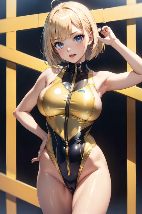 (Crotch)、Open your legs towards the viewer、pretty 1girl, top-quality、The ultra -The high-definition、hight resolution、extremely details CG、8K Unit Wallpapers、19 age、Beautiful detailed eyes,large boob、Platinum Blonde Hair,bob cuts、biomechanical oppai,Grid gi...