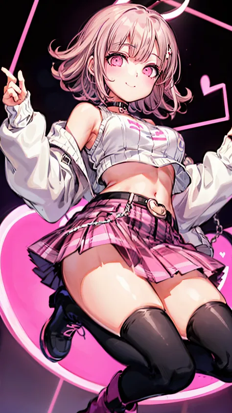 Chiaki nanami at a rave, looking at the viewer with an seductive smile, confident, nightclub, neon lights, pink short hair, pink eyes, bangs, e-girl outfit, (((Crop top, Oversized Sweater, Plaid Skirt, black Combat Boot, Winged Eyeliner, Heart-Shaped Stamp...