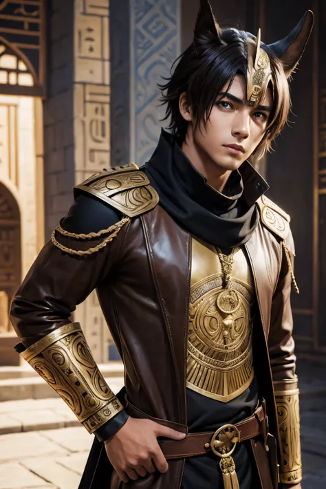 Young man, anime, egipcian style, Brown leather Anubis tunic