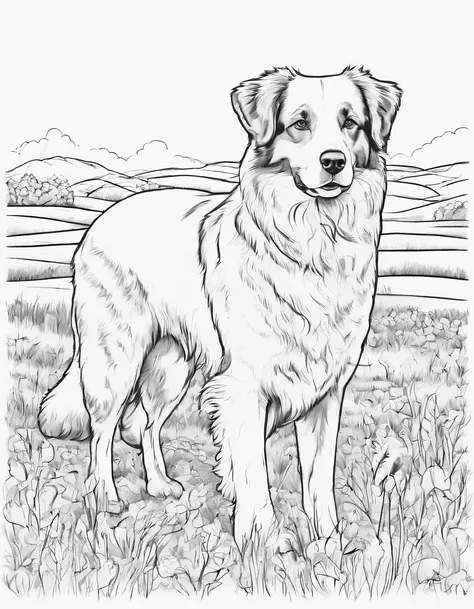 Australian Sheperd in a field, for coloring page, high quality, black and white, no shading