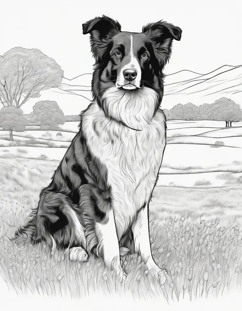 Australian Sheperd in a field, for coloring page, high quality, black and white, no shading